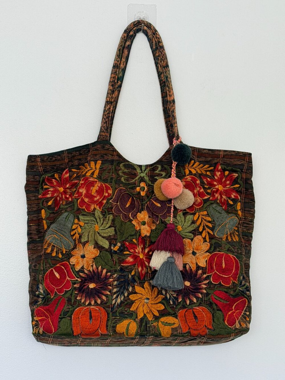 Unbranded Boho Floral Embroidered Slouchy Tote Bag Fall Colors Tassels Pom Poms